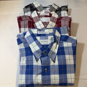 Vtg Button Down LOT of 3 Mens L Long Sleeve Plaid Made in Hong Kong Cotton Prep